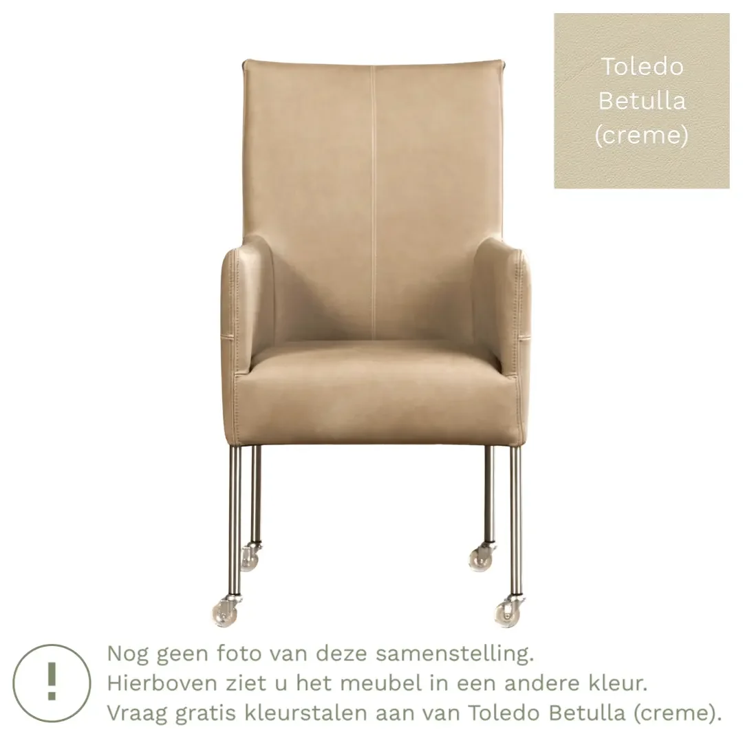 afbeelding van Leren eetkamerstoel Spark - Toledo Betulla (crème) - Poten staal rond RVS