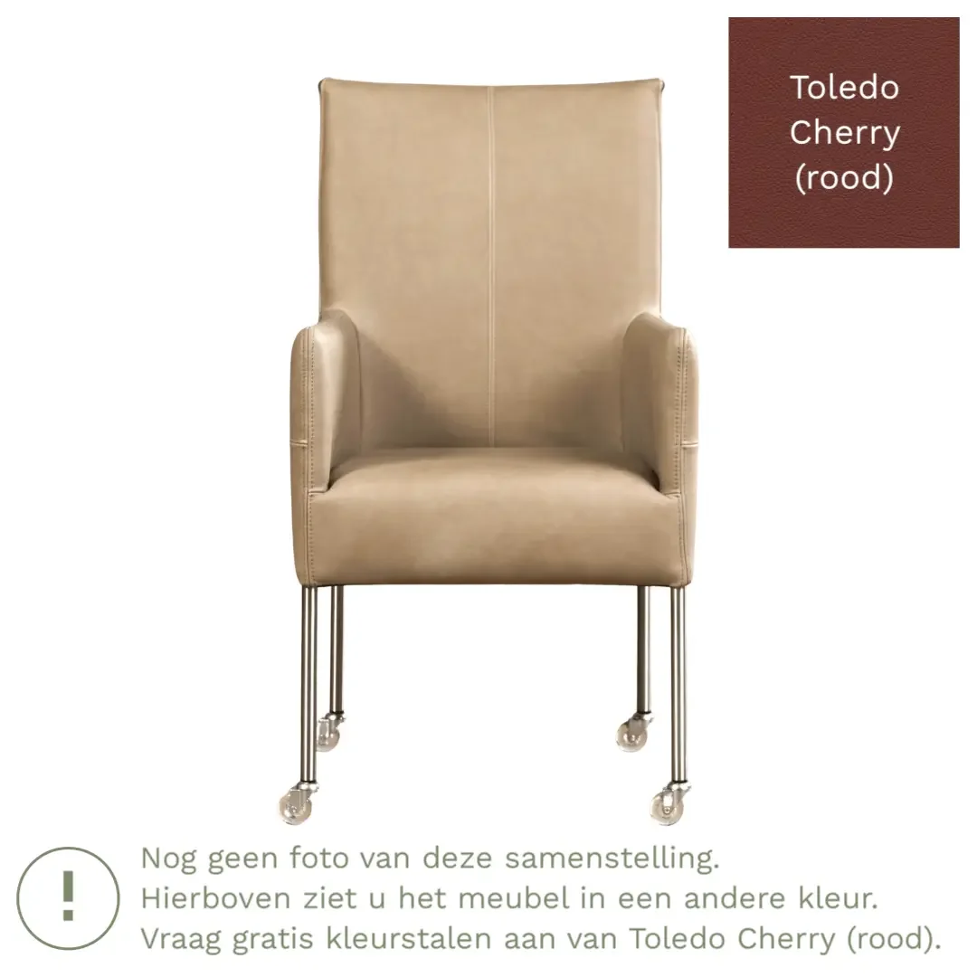 afbeelding van Leren eetkamerstoel Spark - Toledo Cherry (rood) - Poten staal rond RVS