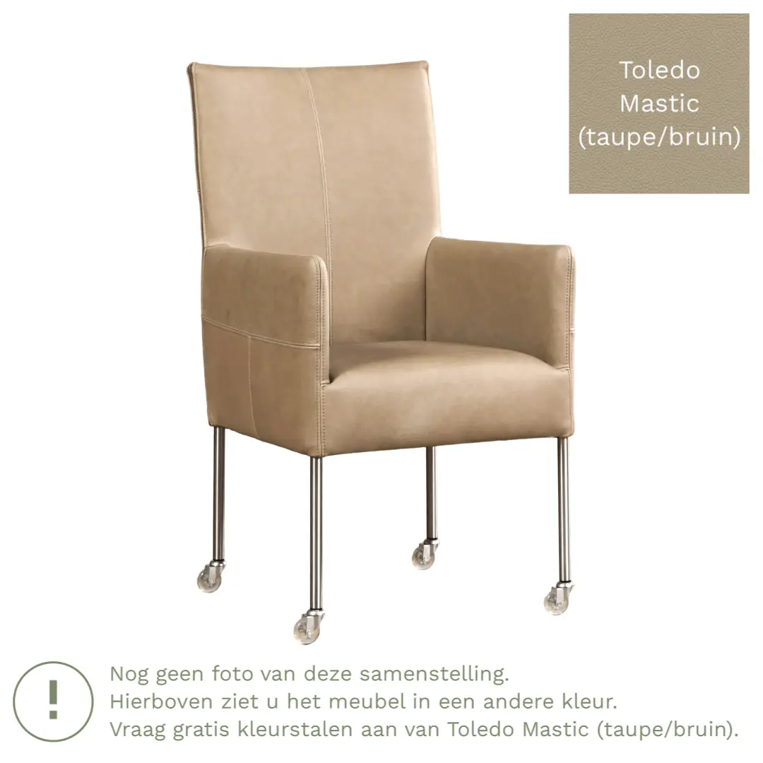 afbeelding van Leren eetkamerstoel Spark - Toledo Mastic (taupe/bruin) - Poten staal rond RVS
