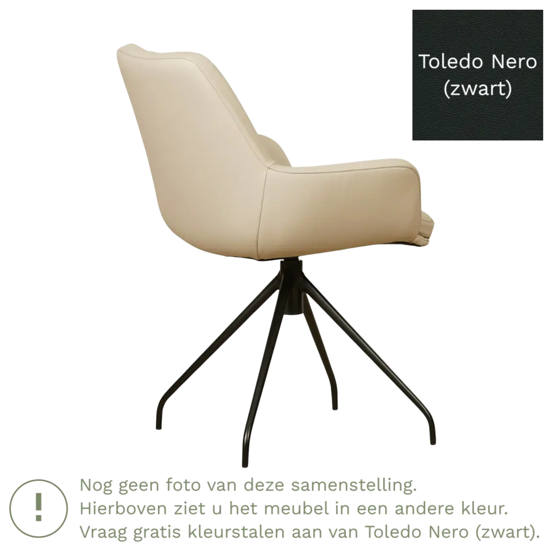 afbeelding van Leren draaibare eetkamerstoel Twist - Toledo Nero (zwart) - poten staal rond zwart