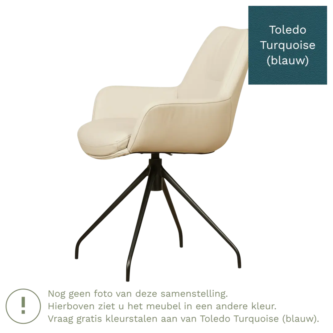 afbeelding van Leren draaibare eetkamerstoel Twist - Toledo Turquoise (blauw) - poten staal rond zwart