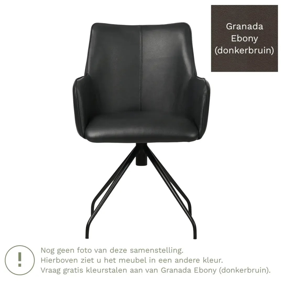 afbeelding van Leren eetkamerstoel Wave - Granada Ebony (donkerbruin) - Spinpoot staal rond zwart