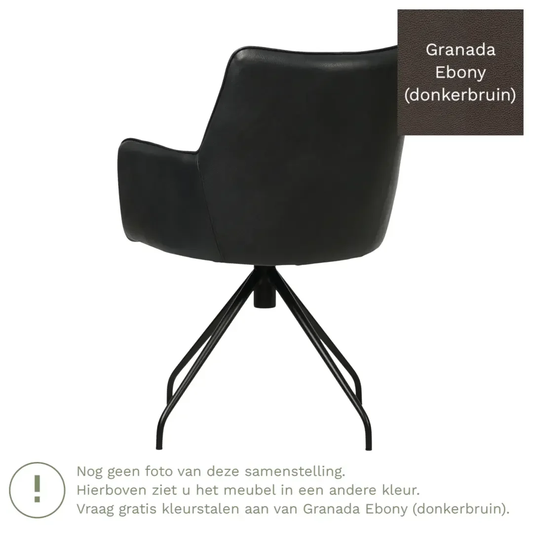 afbeelding van Leren eetkamerstoel Wave - Granada Ebony (donkerbruin) - Spinpoot staal rond zwart