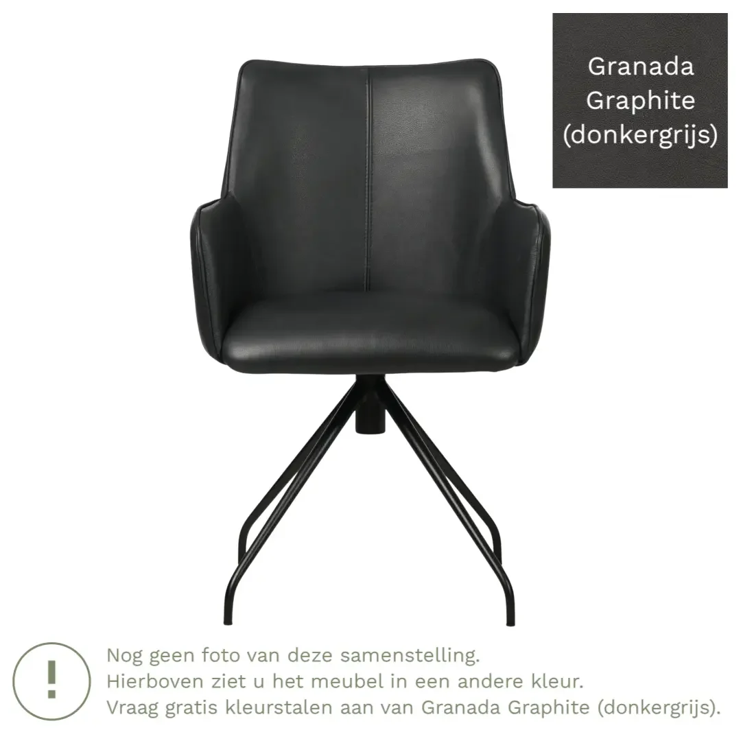 afbeelding van Leren eetkamerstoel Wave - Granada Graphite (donkergrijs) - Spinpoot staal rond zwart
