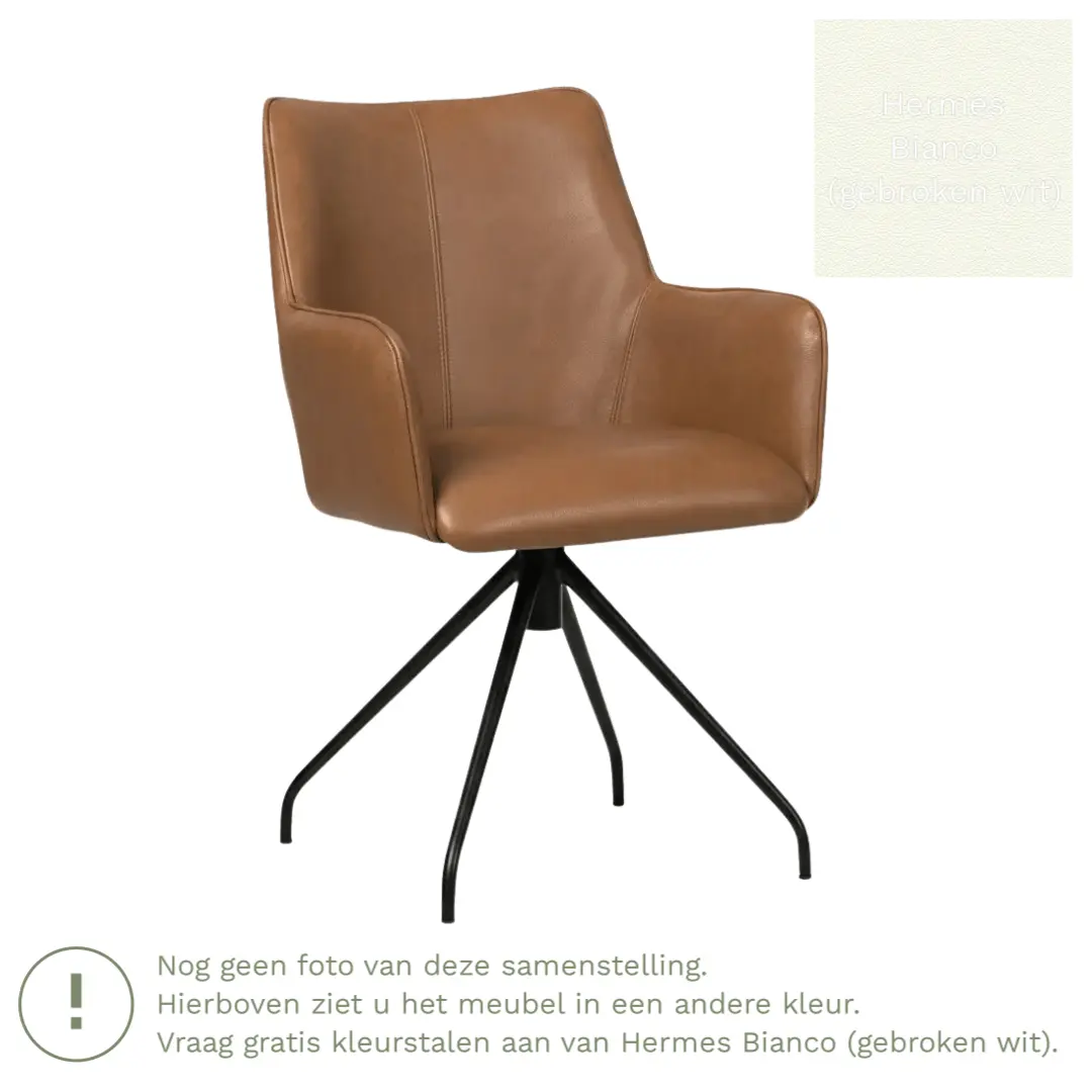 afbeelding van Leren eetkamerstoel Wave - Hermes Bianco (gebroken wit) - Spinpoot staal rond zwart