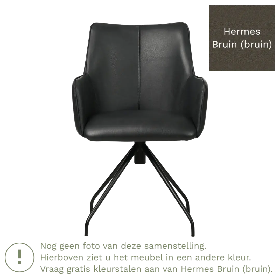 afbeelding van Leren eetkamerstoel Wave - Hermes Bruin (bruin) - Spinpoot staal rond zwart