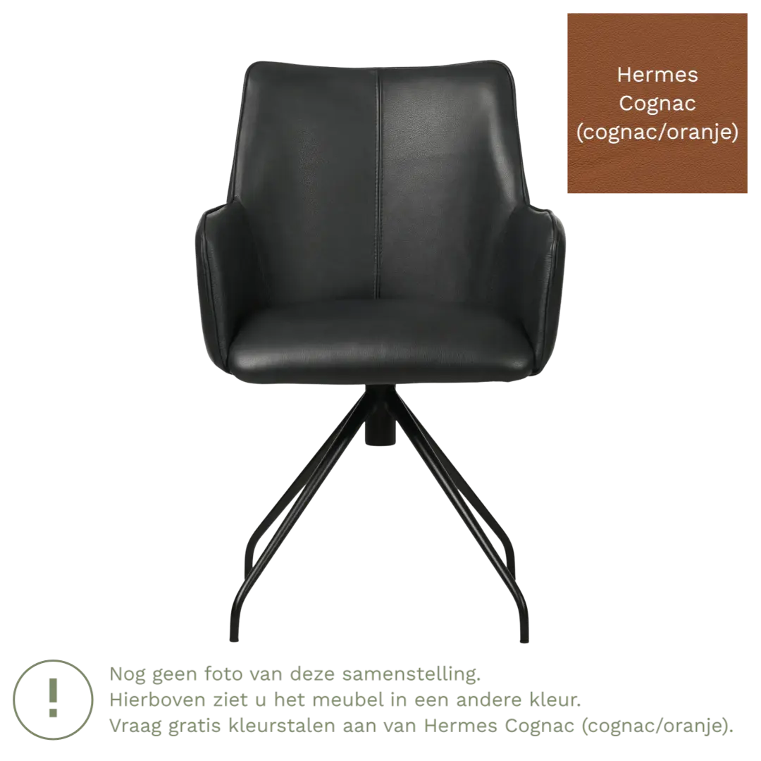 afbeelding van Leren eetkamerstoel Wave - Hermes Cognac (cognac/oranje) - Spinpoot staal rond zwart