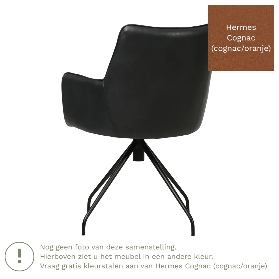 afbeelding van Leren eetkamerstoel Wave - Hermes Cognac (cognac/oranje) - Spinpoot staal rond zwart