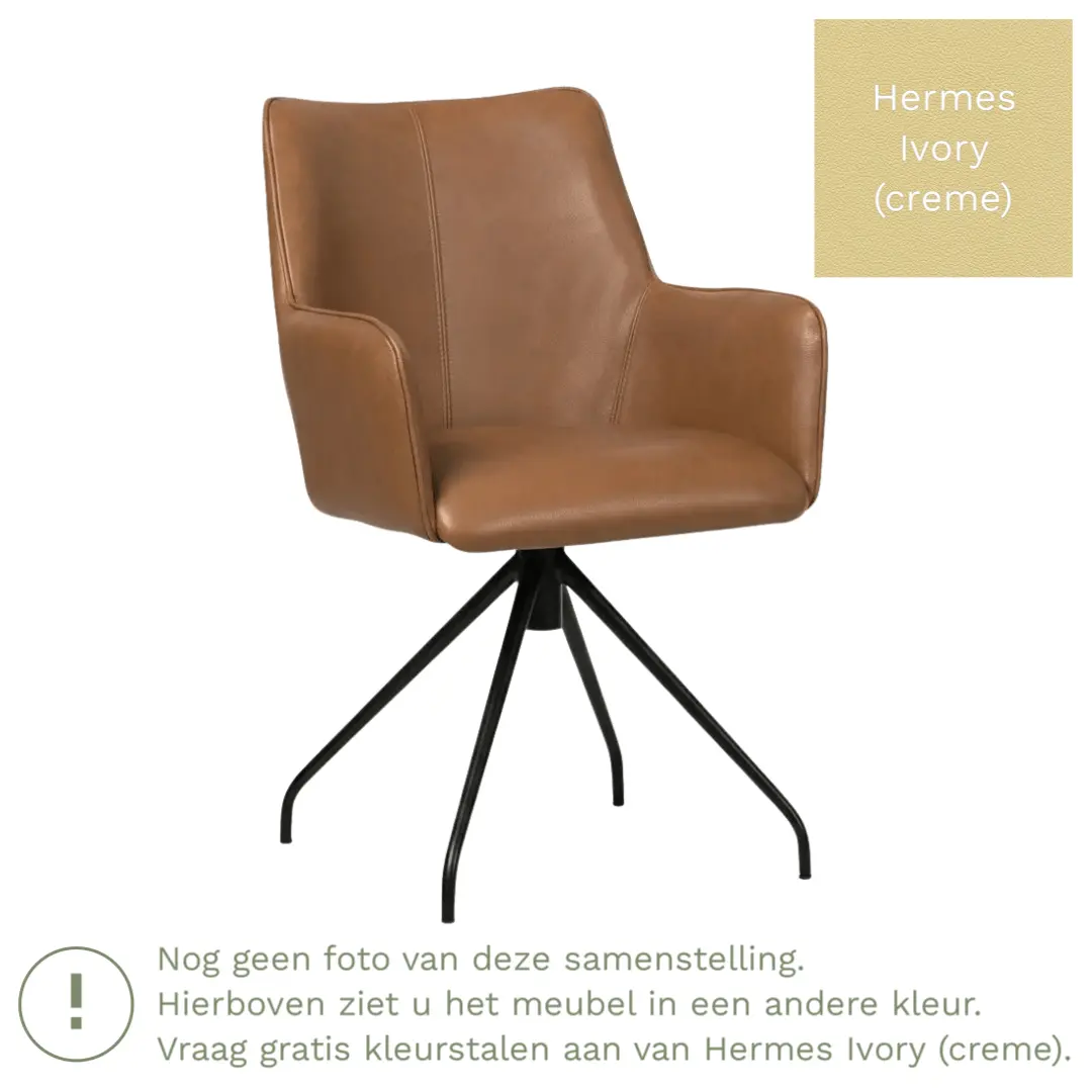 afbeelding van Leren eetkamerstoel Wave - Hermes Ivory (crème) - Spinpoot staal rond zwart