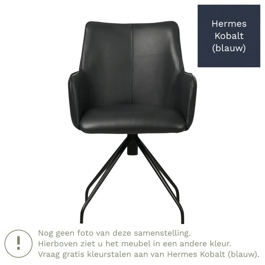 afbeelding van Leren eetkamerstoel Wave - Hermes Kobalt (blauw) - Spinpoot staal rond zwart