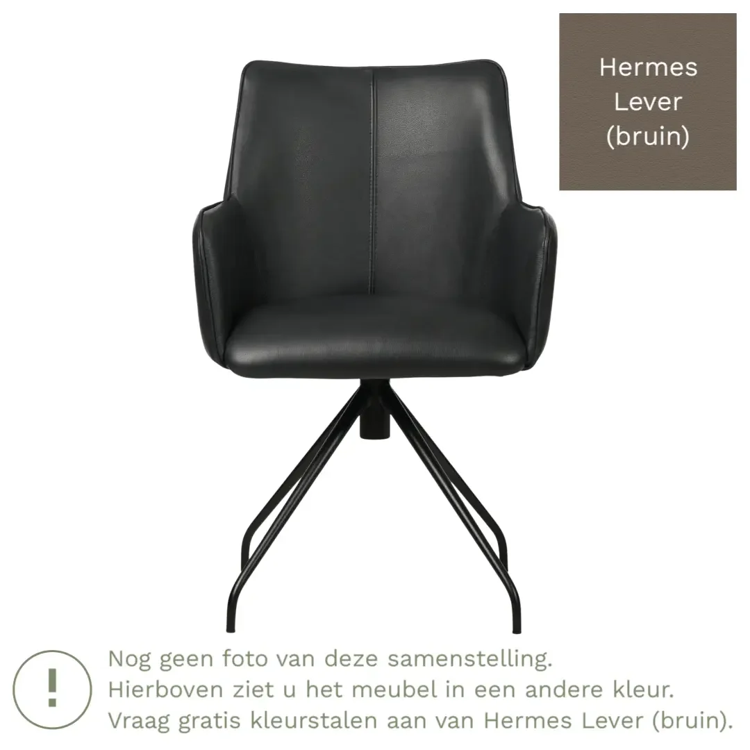 afbeelding van Leren eetkamerstoel Wave - Hermes Lever (bruin) - Spinpoot staal rond zwart