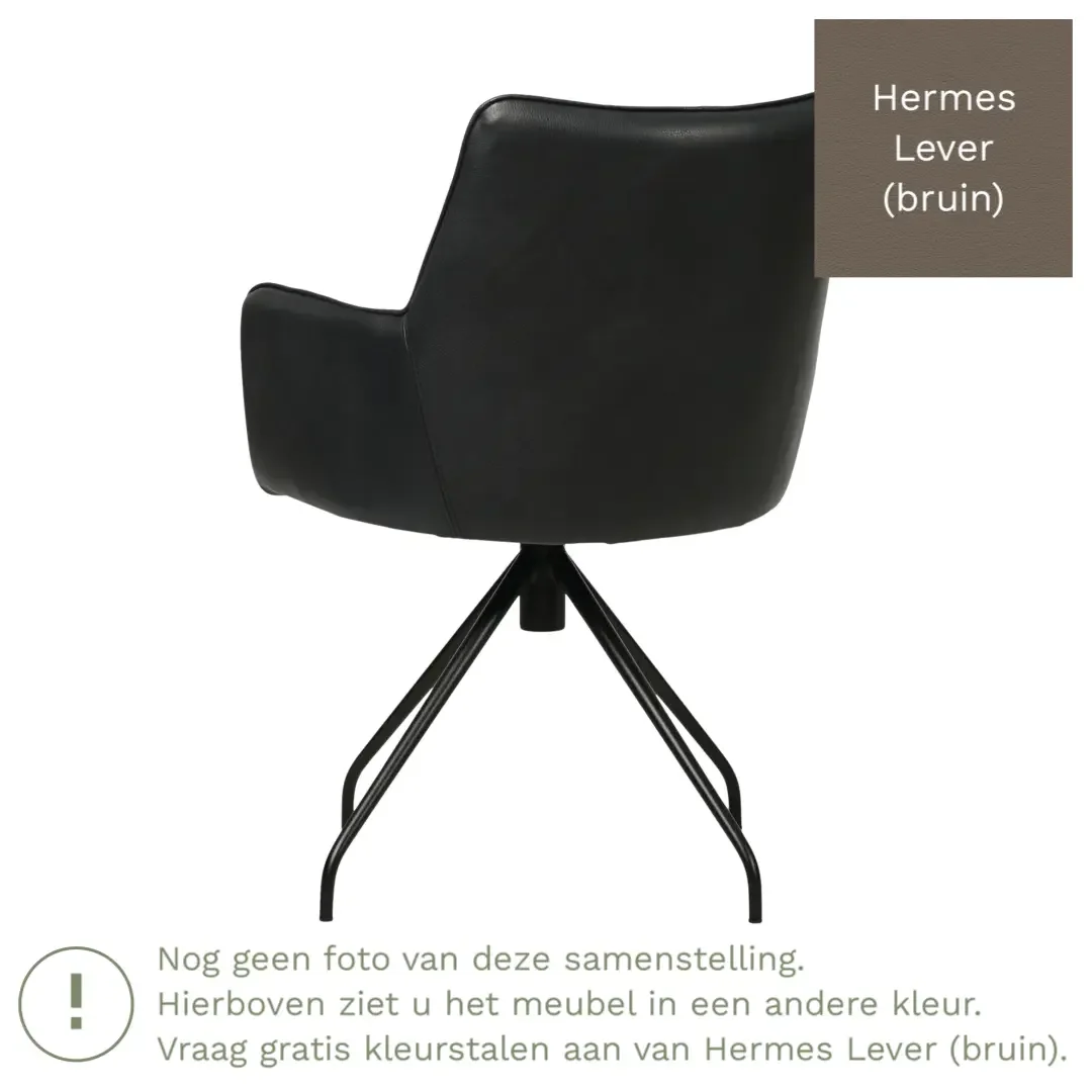 afbeelding van Leren eetkamerstoel Wave - Hermes Lever (bruin) - Spinpoot staal rond zwart