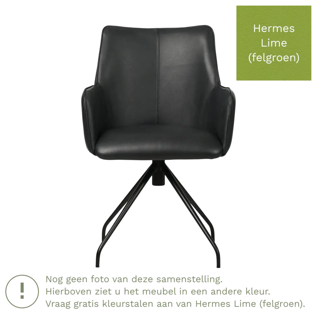 afbeelding van Leren eetkamerstoel Wave - Hermes Lime (felgroen) - Spinpoot staal rond zwart