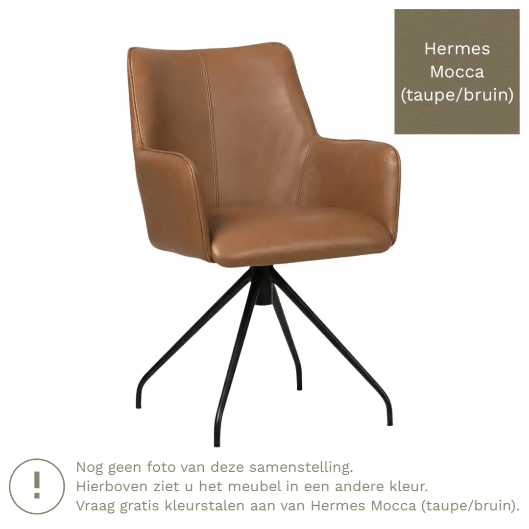 afbeelding van Leren eetkamerstoel Wave - Hermes Mocca (taupe/bruin) - Spinpoot staal rond zwart