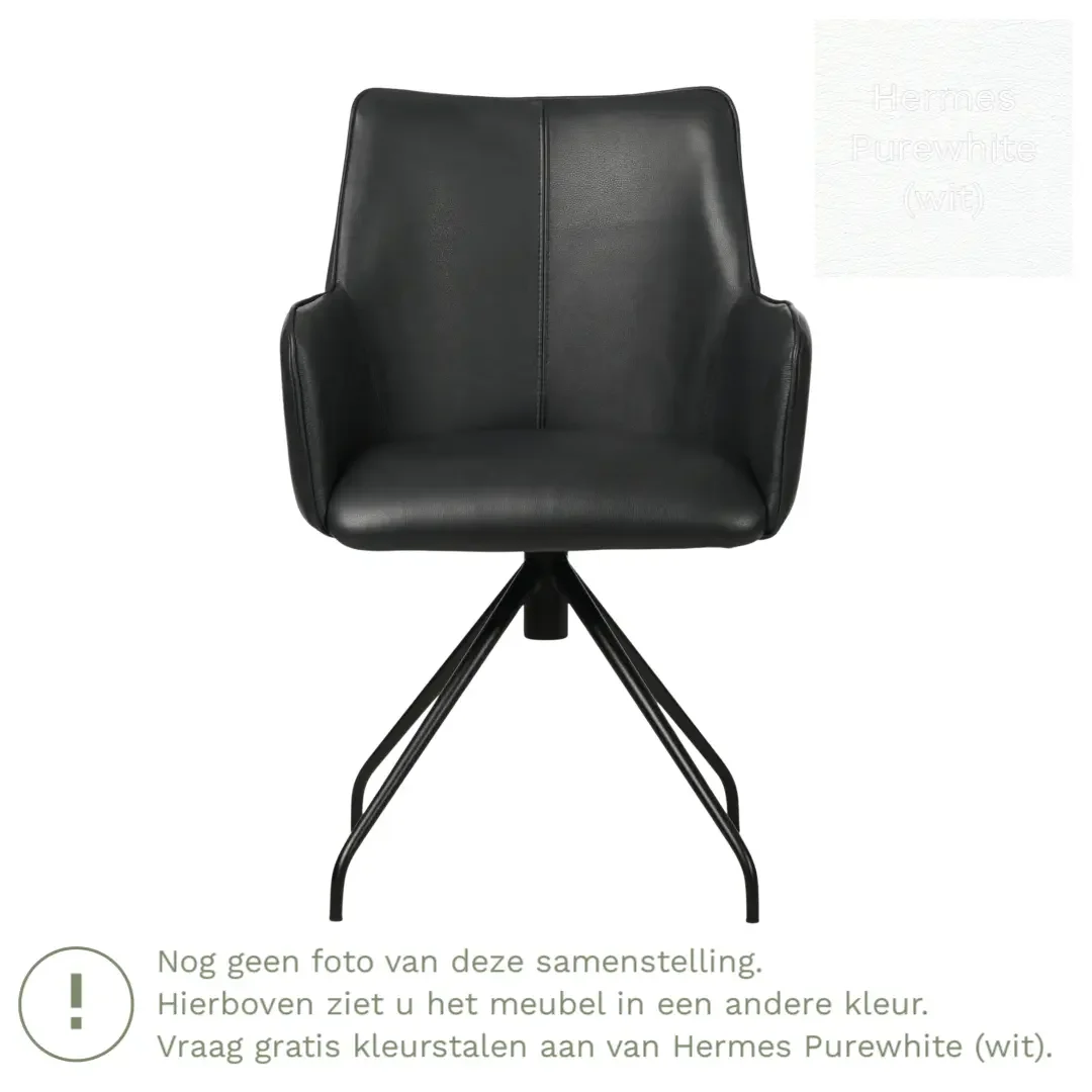 afbeelding van Leren eetkamerstoel Wave - Hermes Purewhite (wit) - Spinpoot staal rond zwart