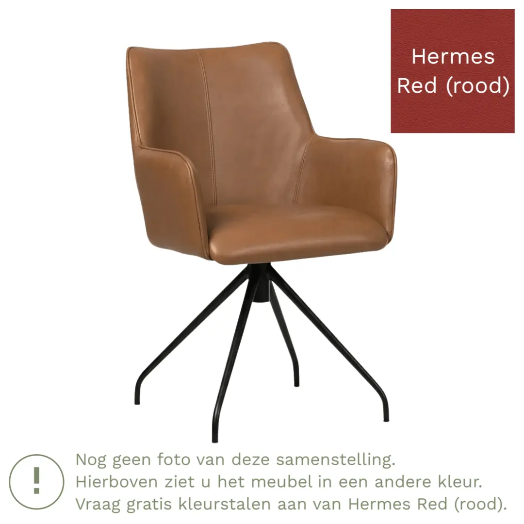 afbeelding van Leren eetkamerstoel Wave - Hermes Red (rood) - Spinpoot staal rond zwart