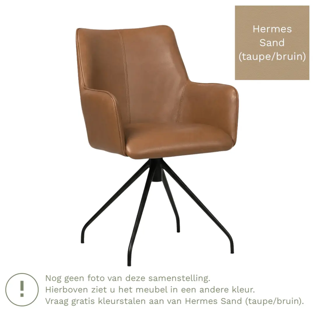 afbeelding van Leren eetkamerstoel Wave - Hermes Sand (taupe/bruin) - Spinpoot staal rond zwart