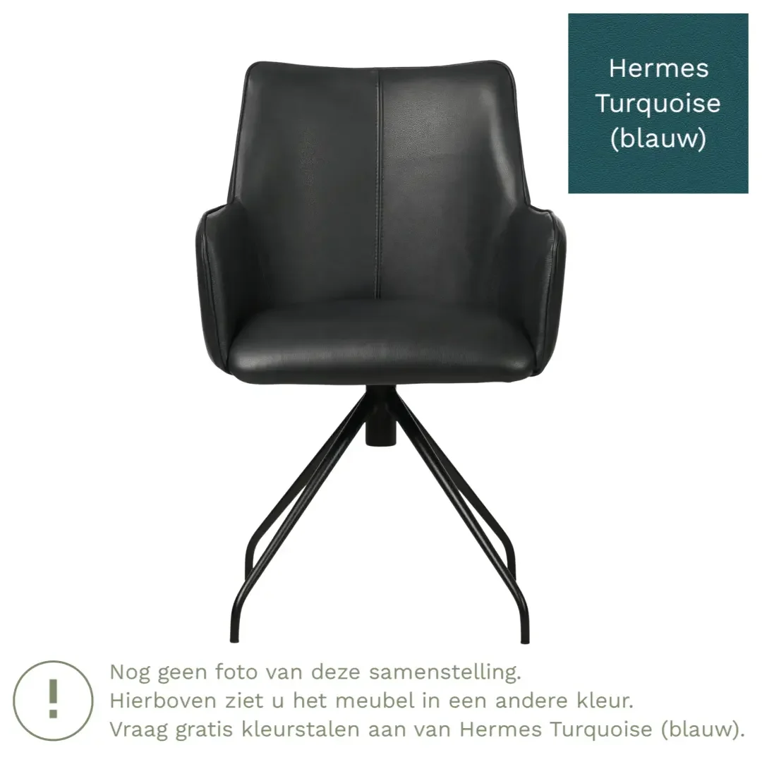 afbeelding van Leren eetkamerstoel Wave - Hermes Turquoise (blauw) - Spinpoot staal rond zwart