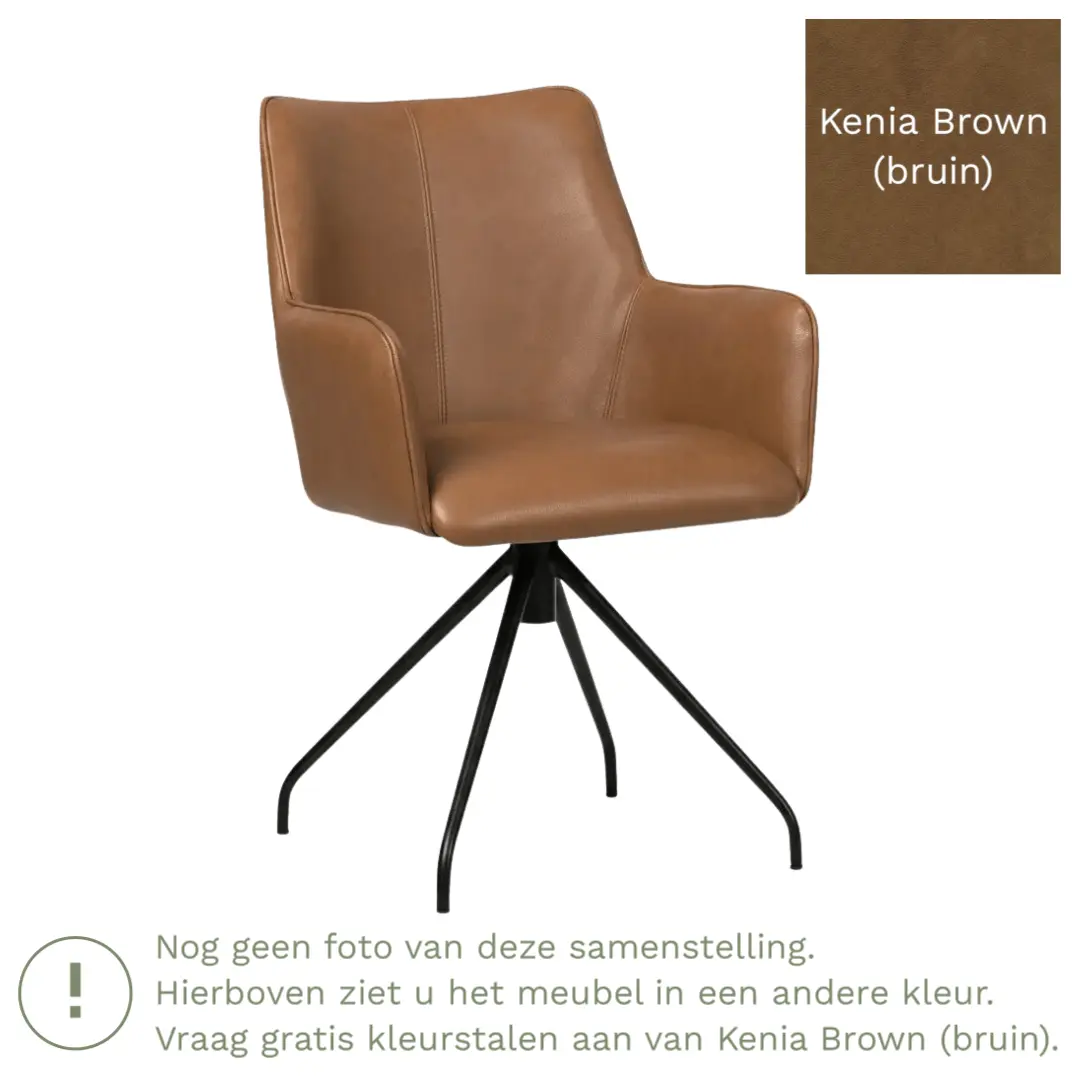 afbeelding van Leren eetkamerstoel Wave - Kenia Brown (bruin) - Spinpoot staal rond zwart