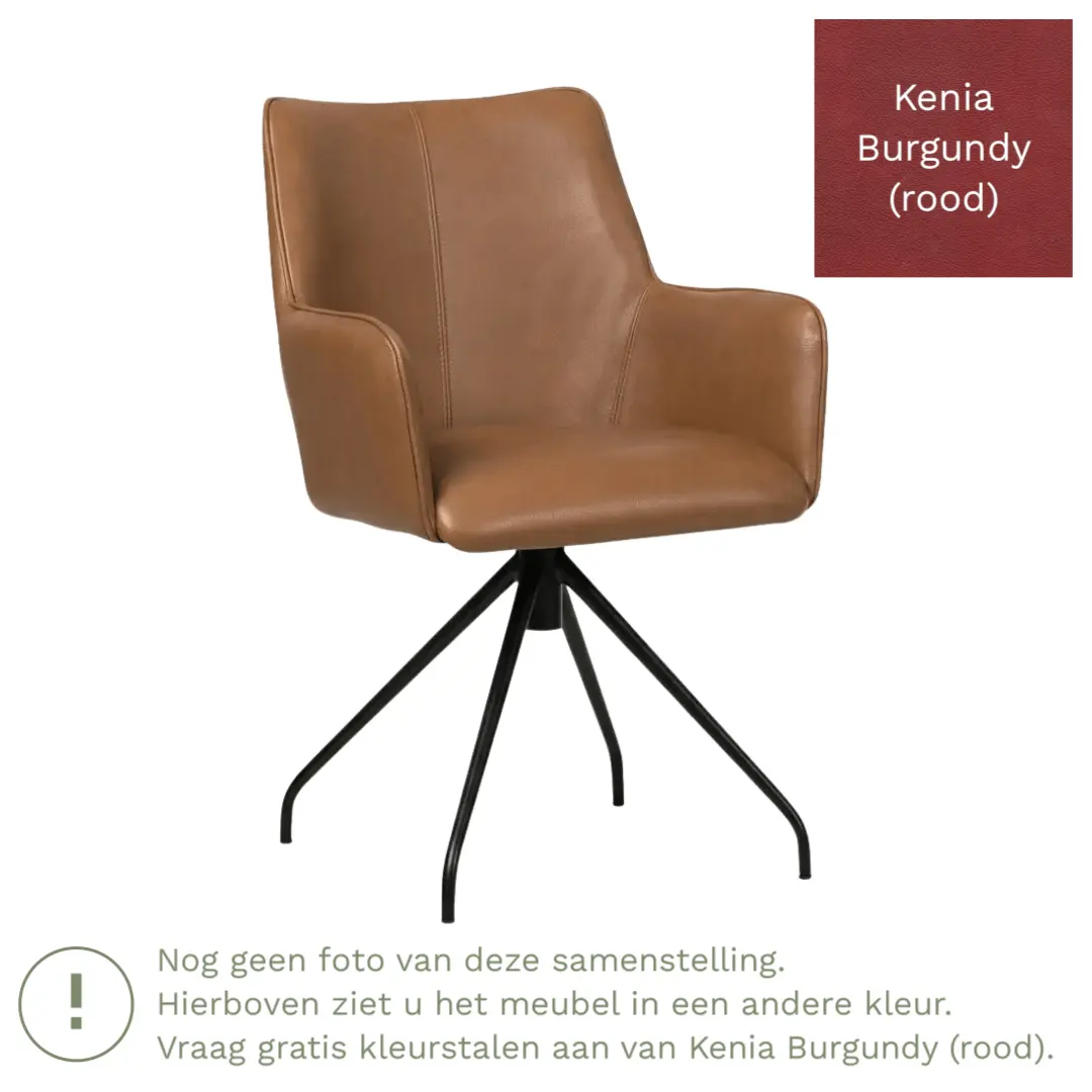 afbeelding van Leren eetkamerstoel Wave - Kenia Burgundy (rood) - Spinpoot staal rond zwart