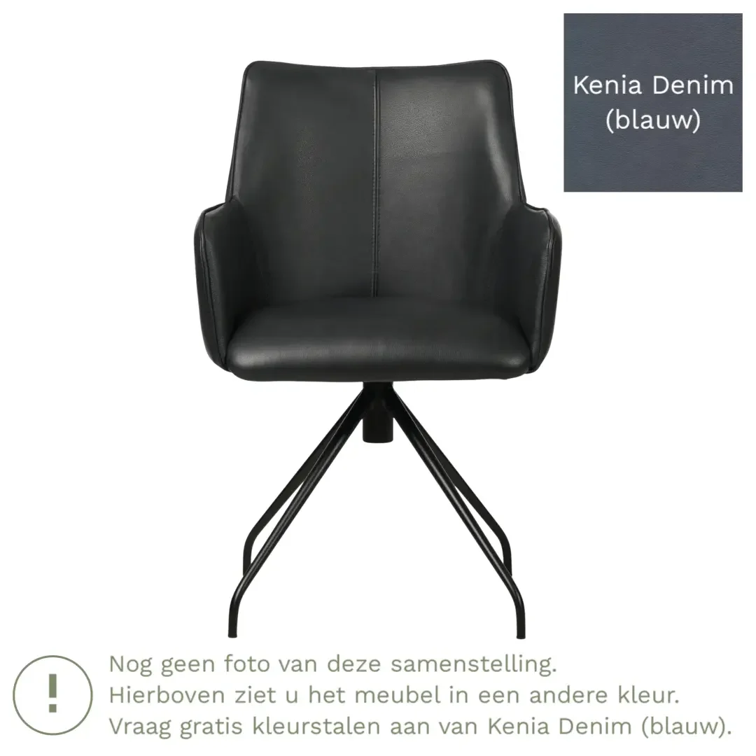 afbeelding van Leren eetkamerstoel Wave - Kenia Denim (blauw) - Spinpoot staal rond zwart