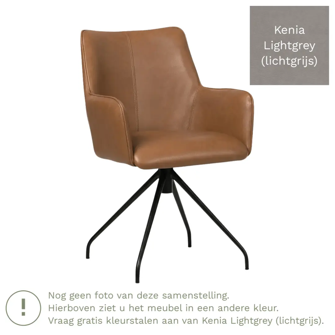 afbeelding van Leren eetkamerstoel Wave - Kenia Lightgrey (lichtgrijs) - Spinpoot staal rond zwart