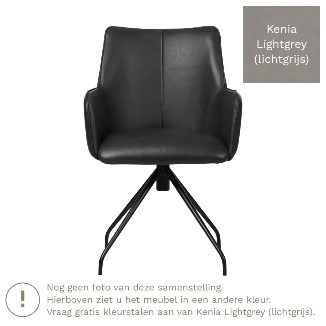 afbeelding van Leren eetkamerstoel Wave - Kenia Lightgrey (lichtgrijs) - Spinpoot staal rond zwart