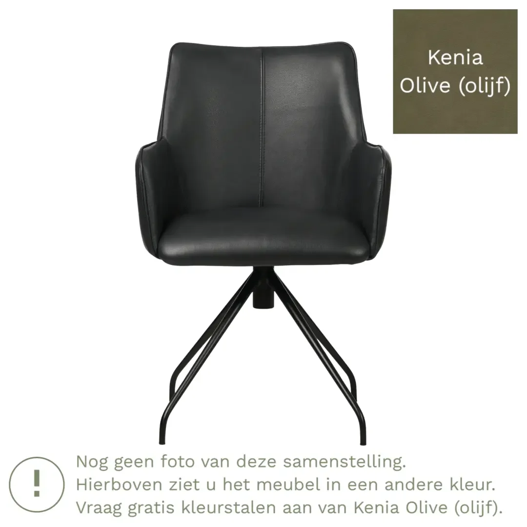 afbeelding van Leren eetkamerstoel Wave - Kenia Olive (olijf) - Spinpoot staal rond zwart