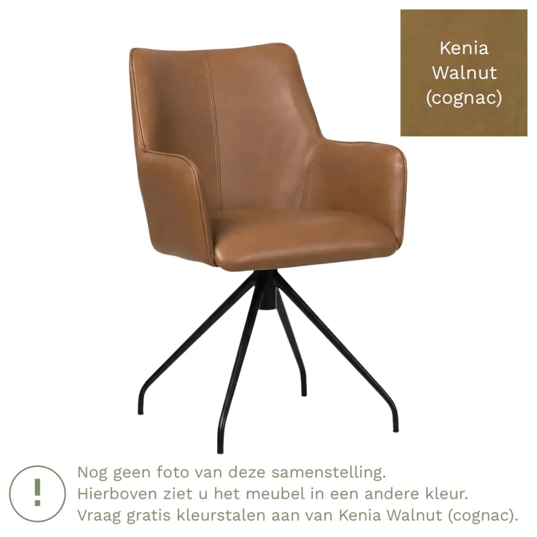 afbeelding van Leren eetkamerstoel Wave - Kenia Walnut (cognac) - Spinpoot staal rond zwart