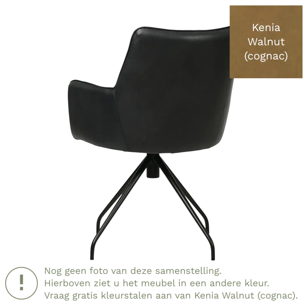 afbeelding van Leren eetkamerstoel Wave - Kenia Walnut (cognac) - Spinpoot staal rond zwart
