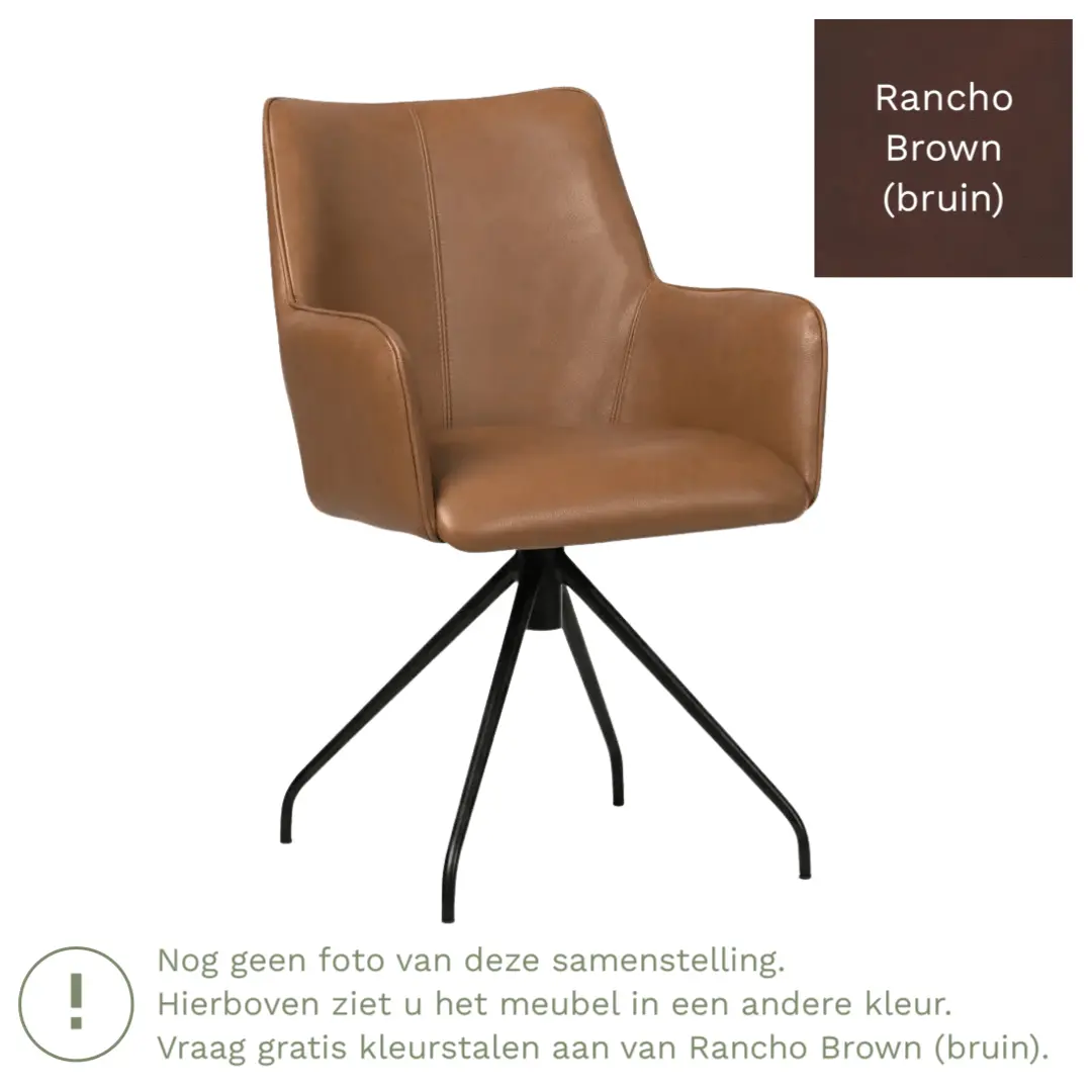 afbeelding van Leren eetkamerstoel Wave - Rancho Brown (bruin) - Spinpoot staal rond zwart