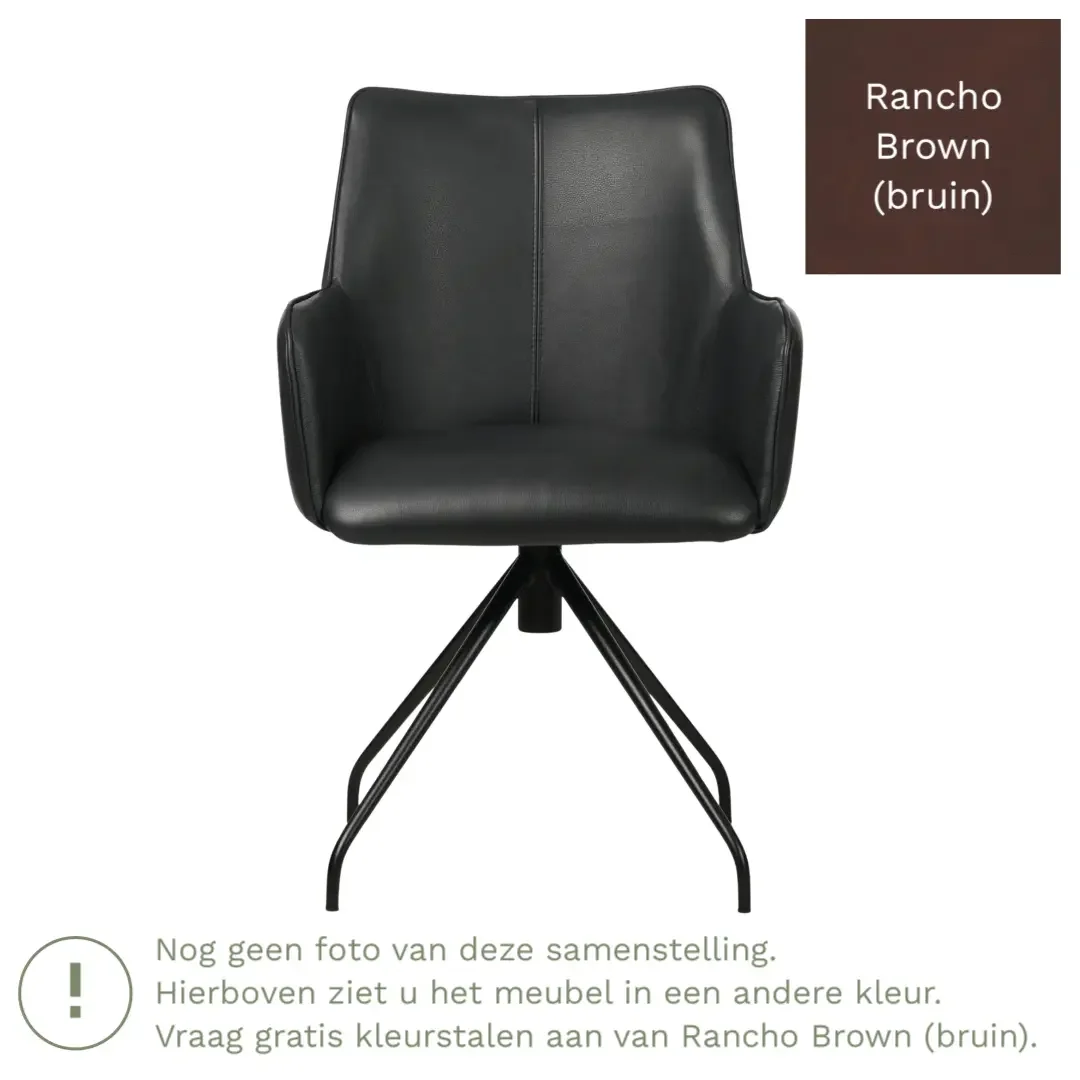 afbeelding van Leren eetkamerstoel Wave - Rancho Brown (bruin) - Spinpoot staal rond zwart