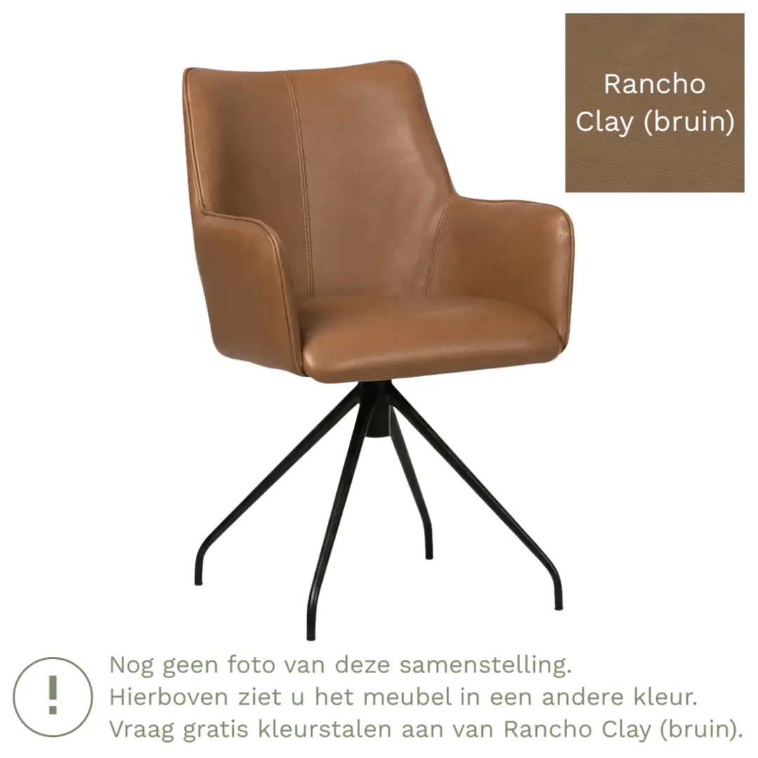 afbeelding van Leren eetkamerstoel Wave - Rancho Clay (bruin) - Spinpoot staal rond zwart