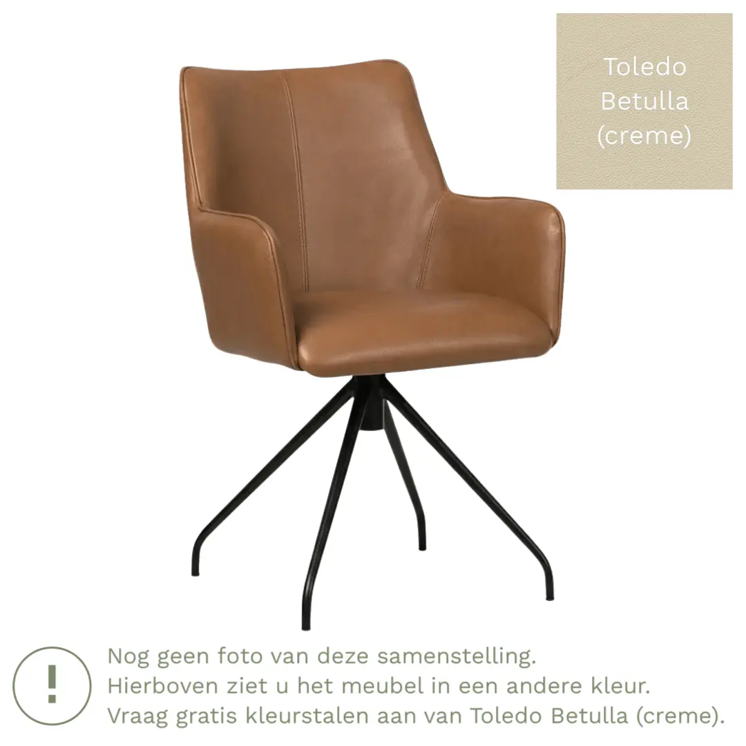 afbeelding van Leren eetkamerstoel Wave - Toledo Betulla (crème) - Spinpoot staal rond zwart