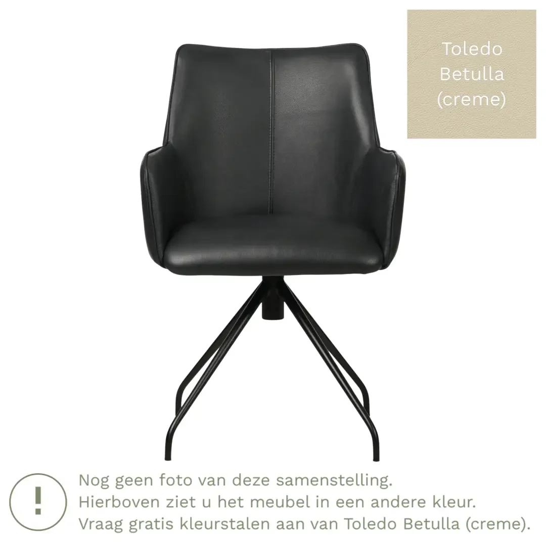 afbeelding van Leren eetkamerstoel Wave - Toledo Betulla (crème) - Spinpoot staal rond zwart