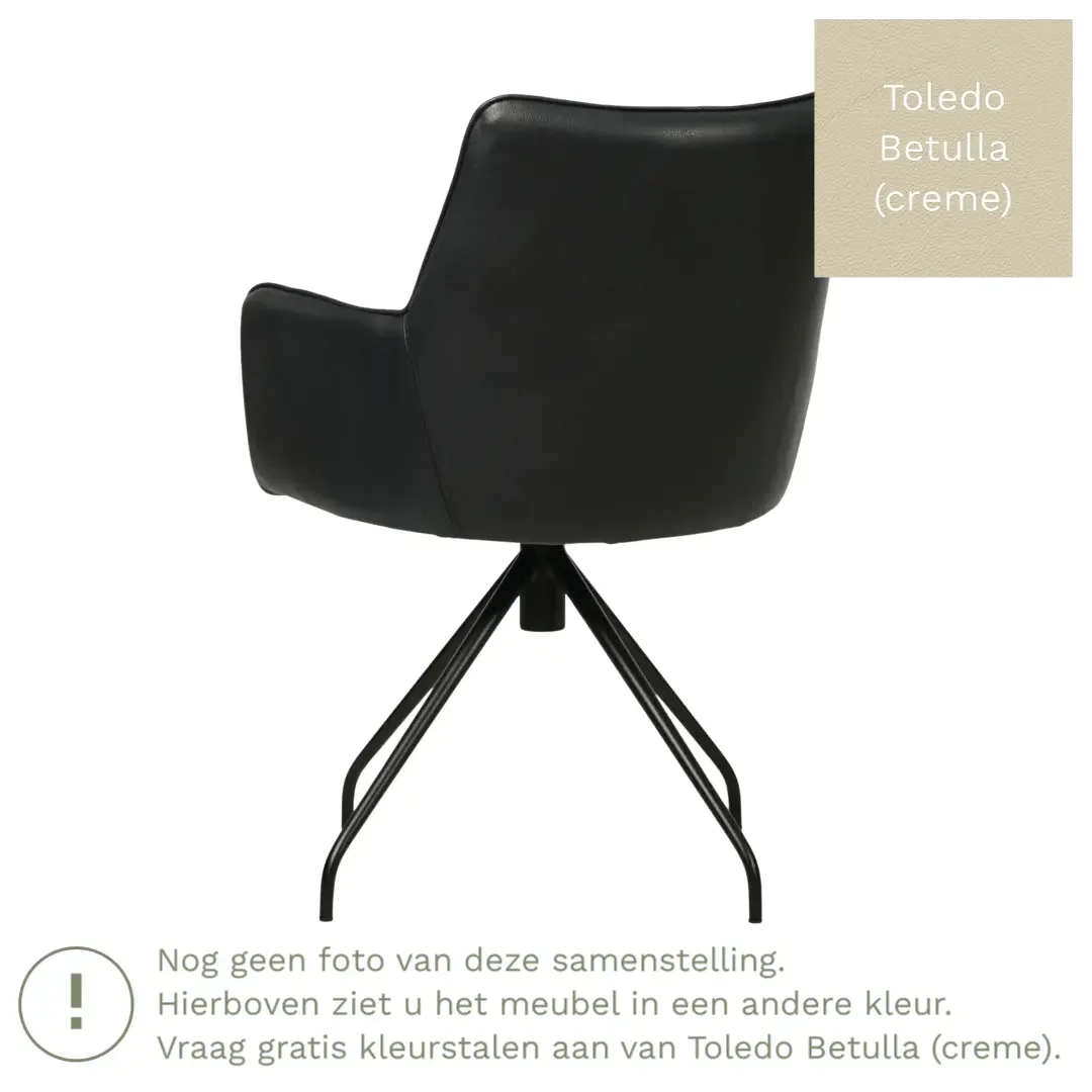 afbeelding van Leren eetkamerstoel Wave - Toledo Betulla (crème) - Spinpoot staal rond zwart