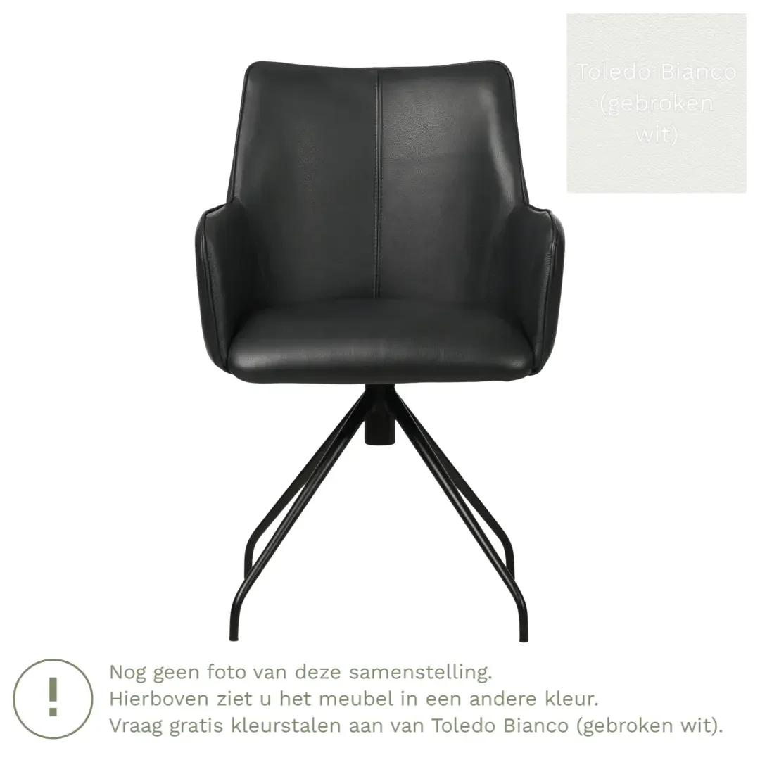 afbeelding van Leren eetkamerstoel Wave - Toledo Bianco (gebroken wit) - Spinpoot staal rond zwart