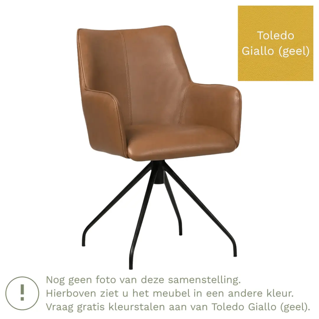 afbeelding van Leren eetkamerstoel Wave - Toledo Giallo (geel) - Spinpoot staal rond zwart