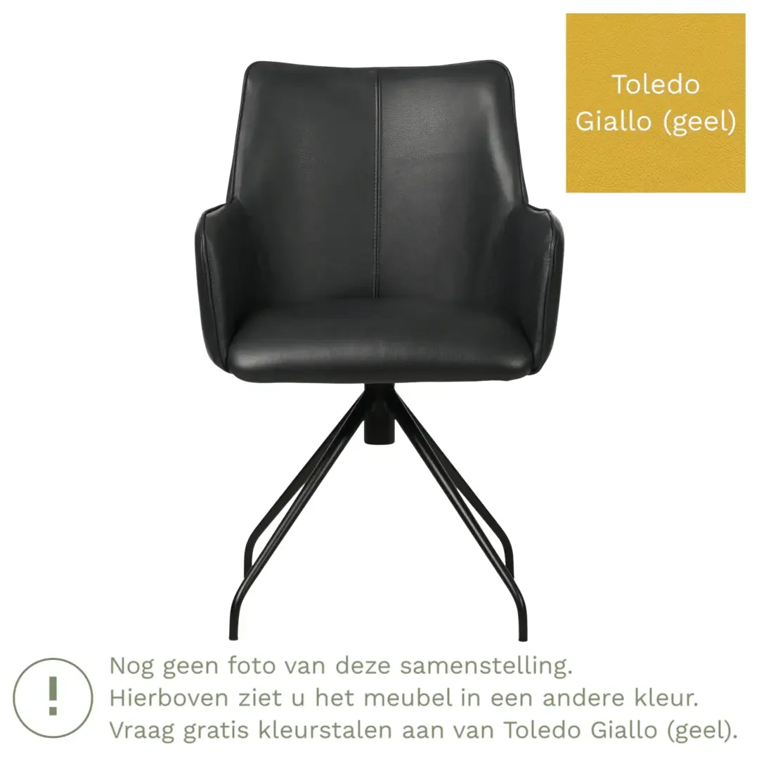 afbeelding van Leren eetkamerstoel Wave - Toledo Giallo (geel) - Spinpoot staal rond zwart