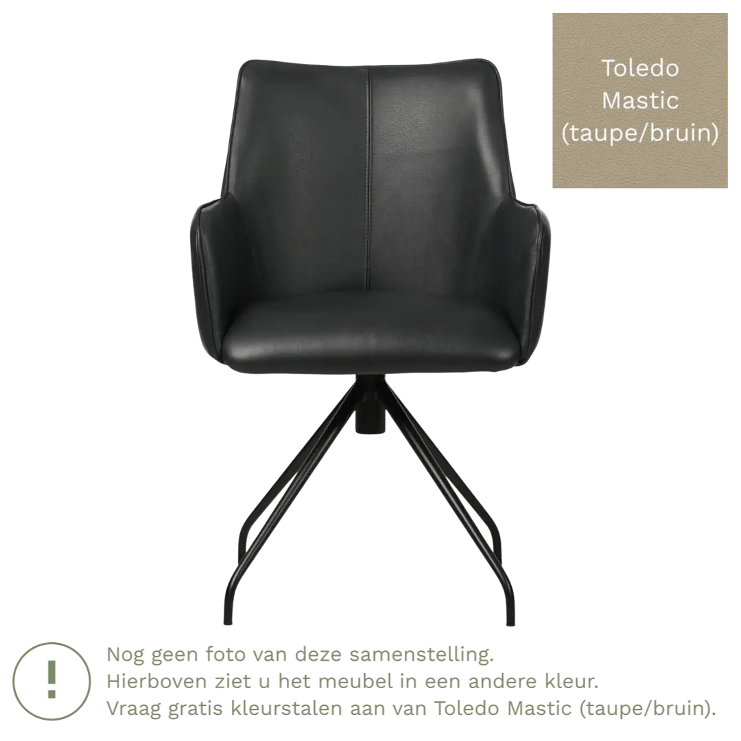 afbeelding van Leren eetkamerstoel Wave - Toledo Mastic (taupe/bruin) - Spinpoot staal rond zwart