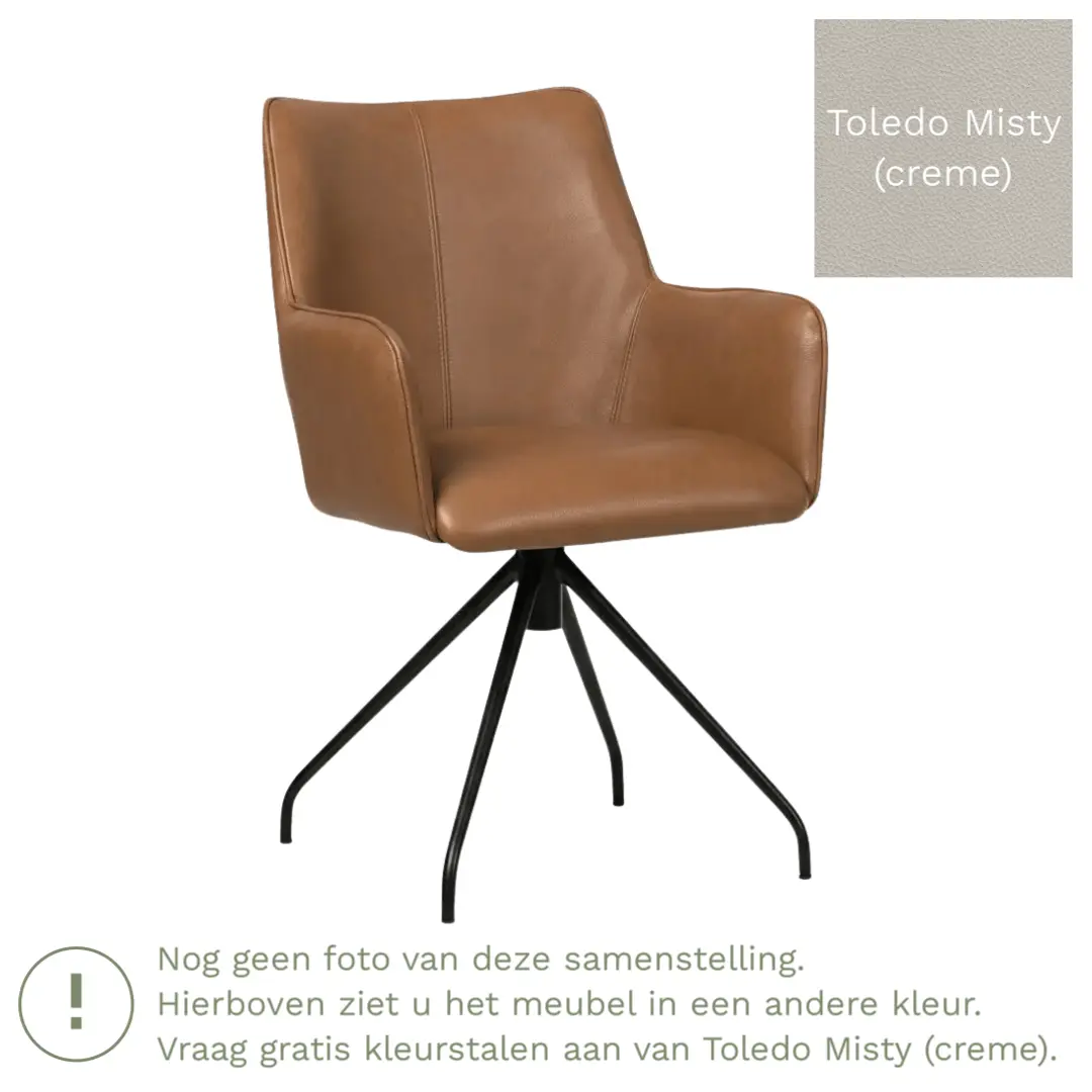 afbeelding van Leren eetkamerstoel Wave - Toledo Misty (crème) - Spinpoot staal rond zwart
