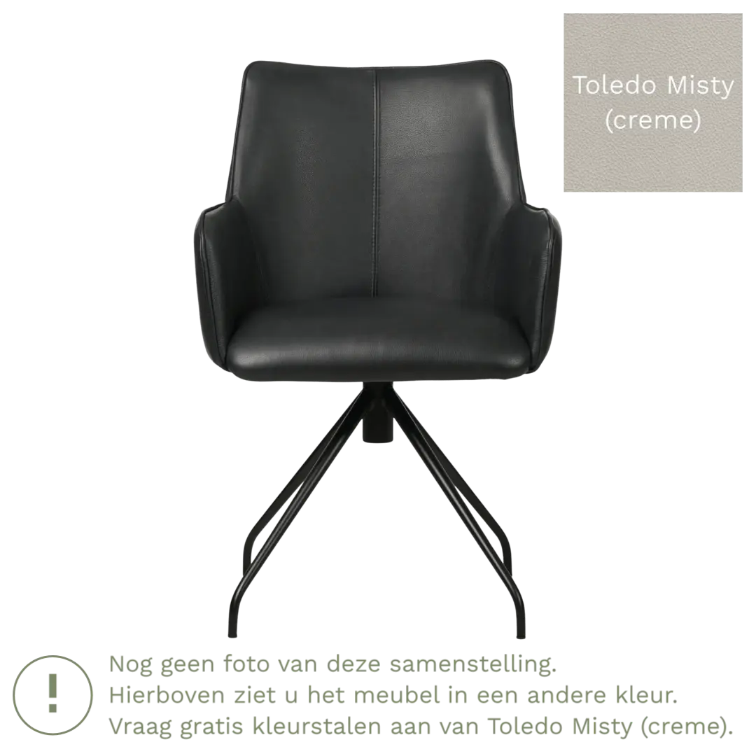 afbeelding van Leren eetkamerstoel Wave - Toledo Misty (crème) - Spinpoot staal rond zwart