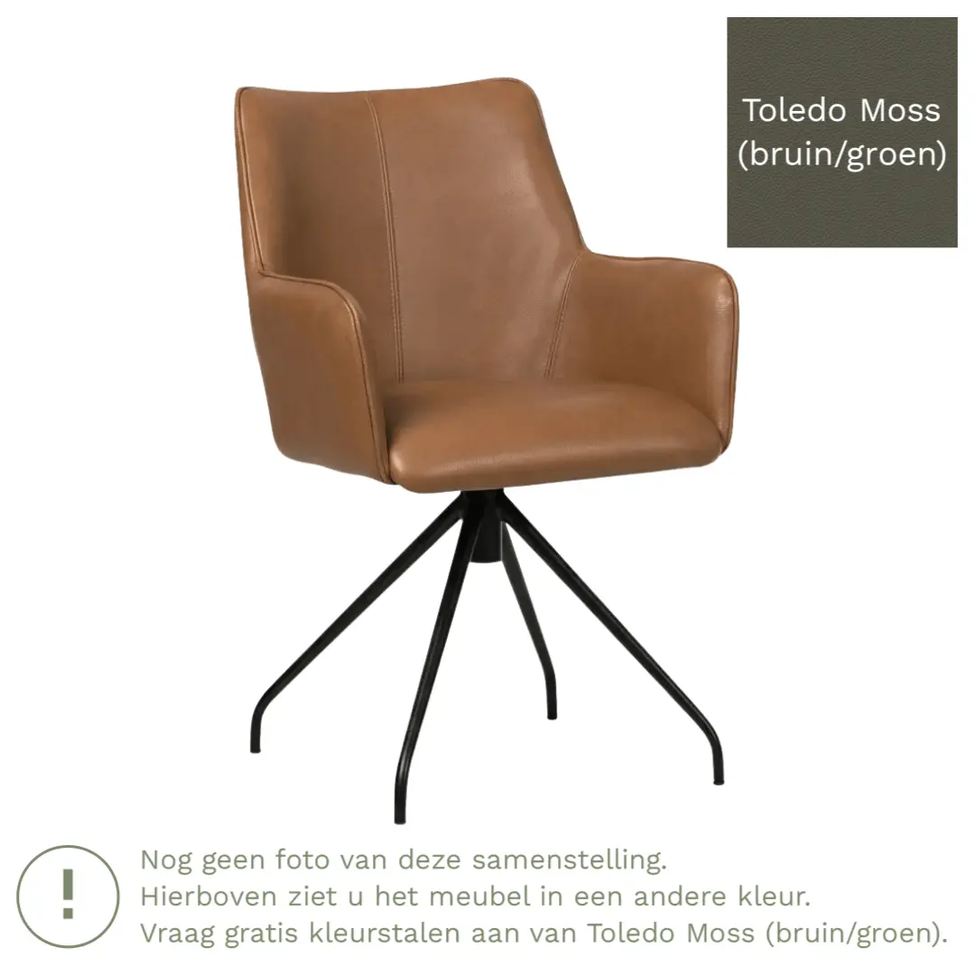 afbeelding van Leren eetkamerstoel Wave - Toledo Moss (bruin/groen) - Spinpoot staal rond zwart