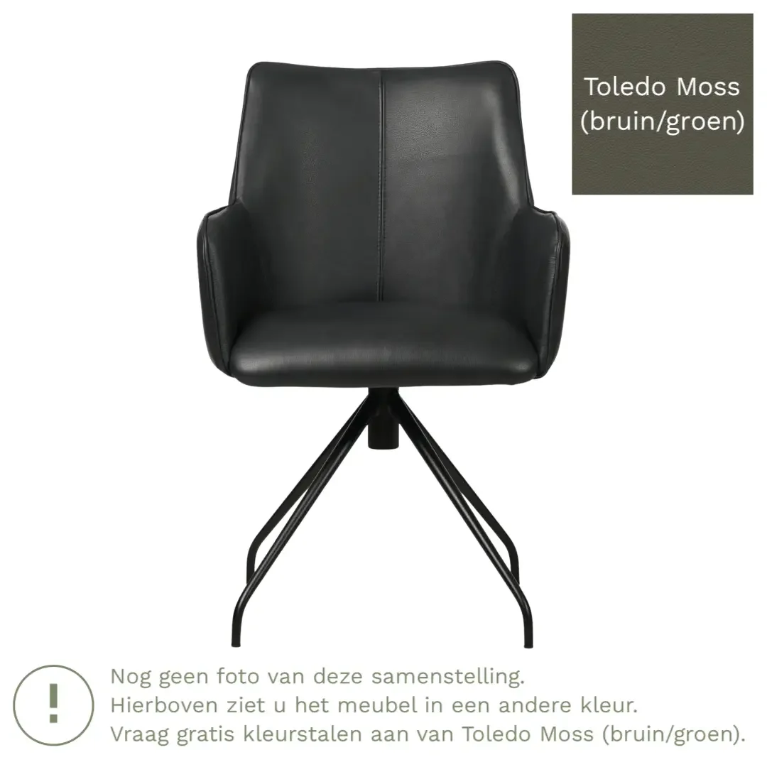 afbeelding van Leren eetkamerstoel Wave - Toledo Moss (bruin/groen) - Spinpoot staal rond zwart