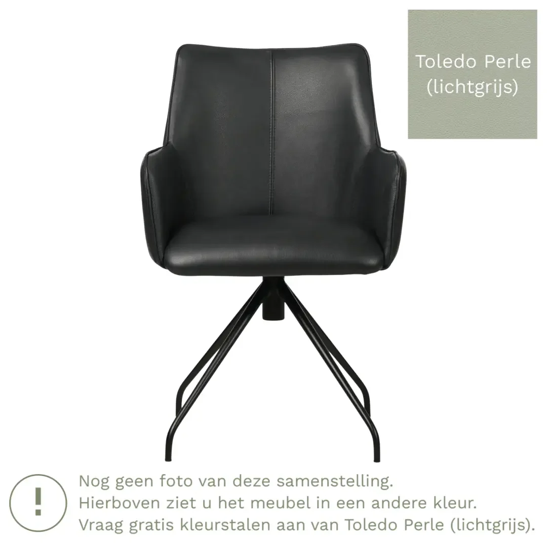 afbeelding van Leren eetkamerstoel Wave - Toledo Perle (lichtgrijs) - Spinpoot staal rond zwart