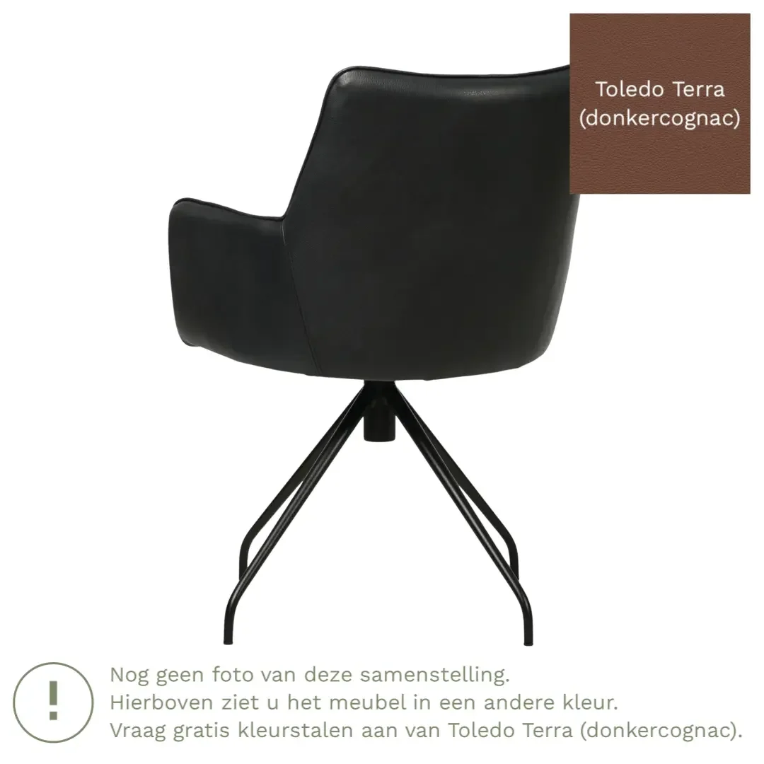 afbeelding van Leren eetkamerstoel Wave - Toledo Terra (donkercognac) - Spinpoot staal rond zwart