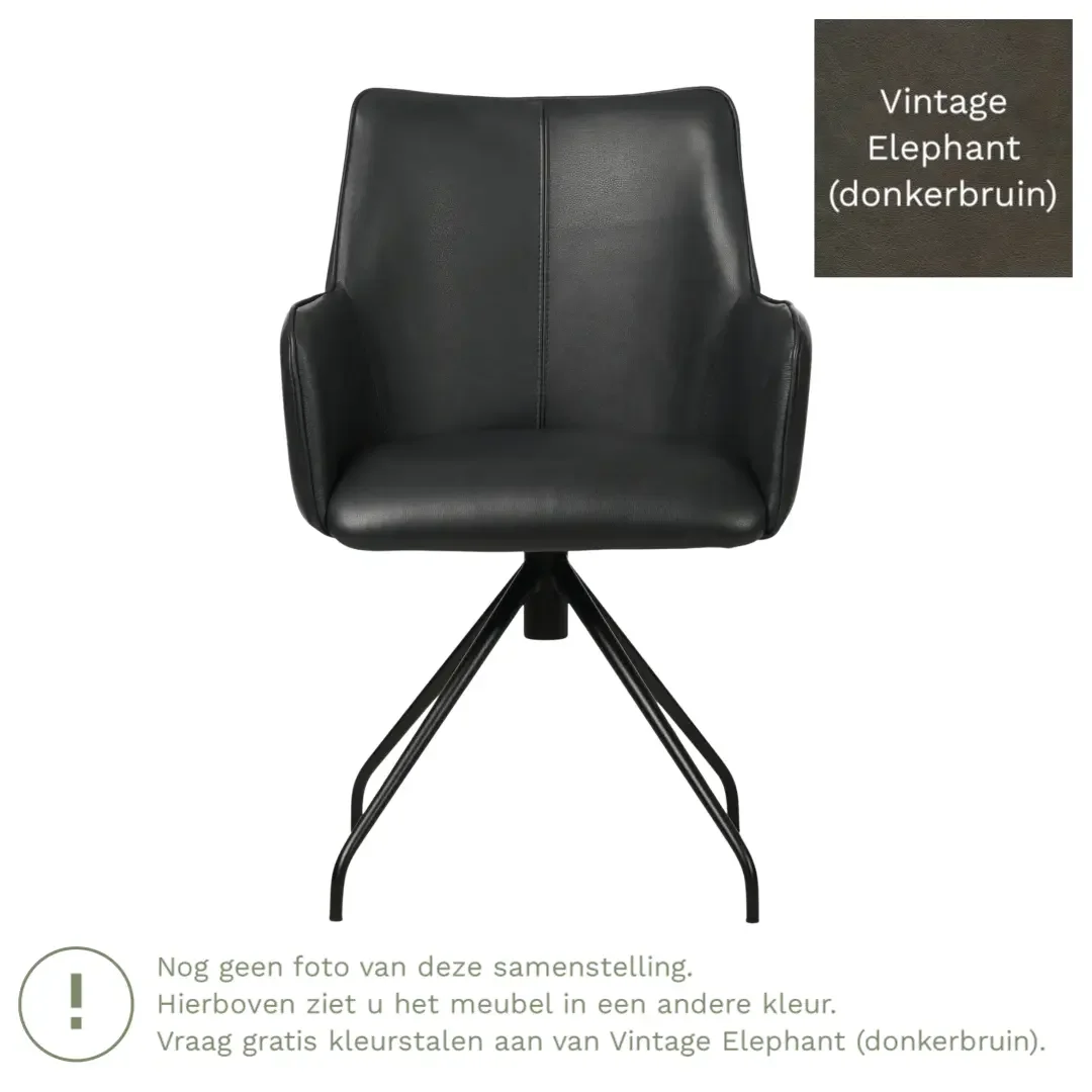 afbeelding van Leren eetkamerstoel Wave - Vintage Elephant (donkerbruin) - Spinpoot staal rond zwart