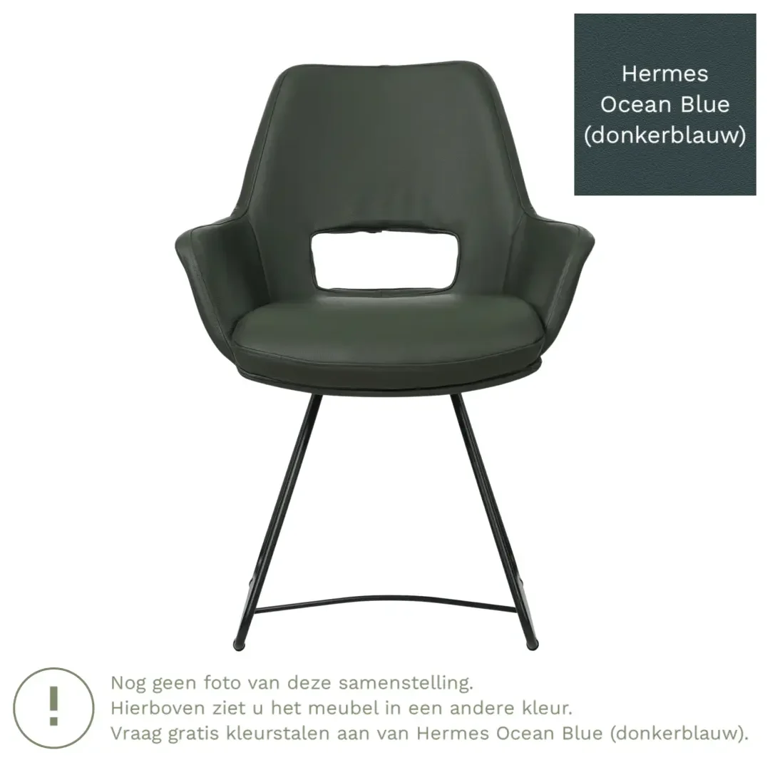 afbeelding van Leren eetkamerstoel Zippy - Hermes Ocean Blue (donkerblauw) - U-poot staal rond zwart