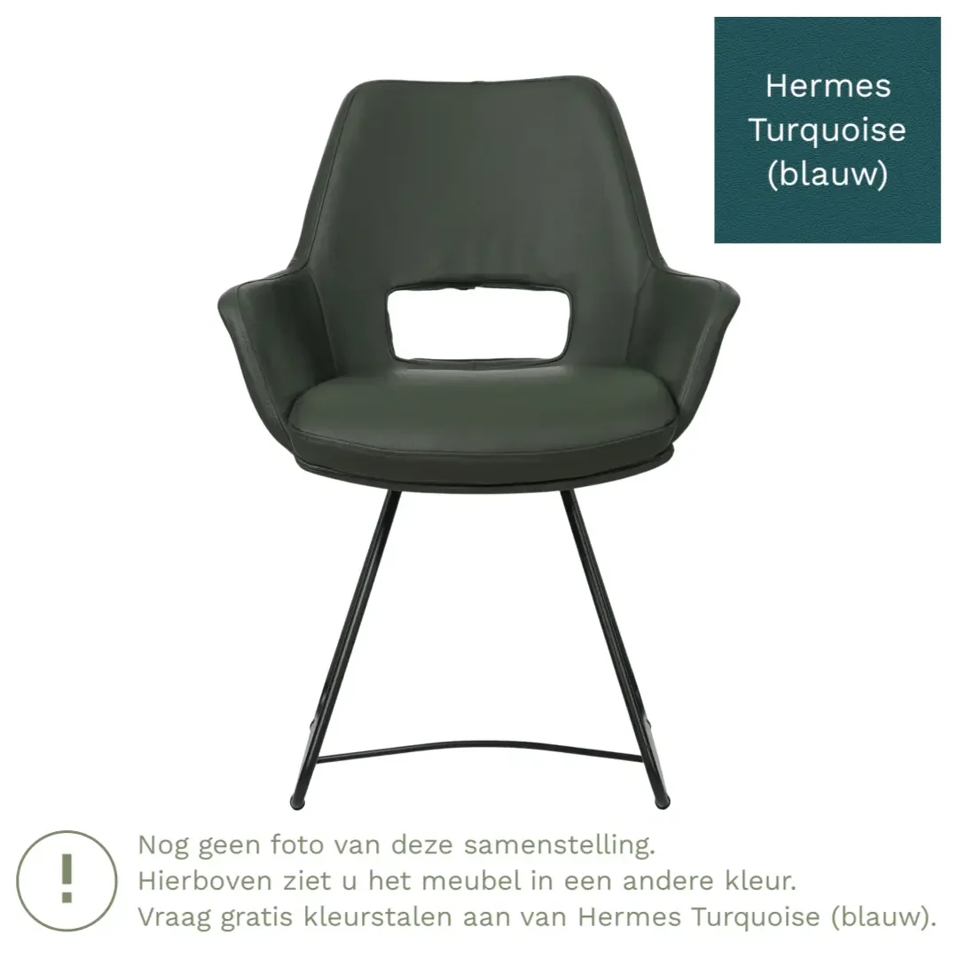 afbeelding van Leren eetkamerstoel Zippy - Hermes Turquoise (blauw) - U-poot staal rond zwart