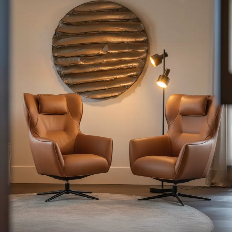 afbeelding van Set van 2 leren draaifauteuils Leaf - Rancho Cognac